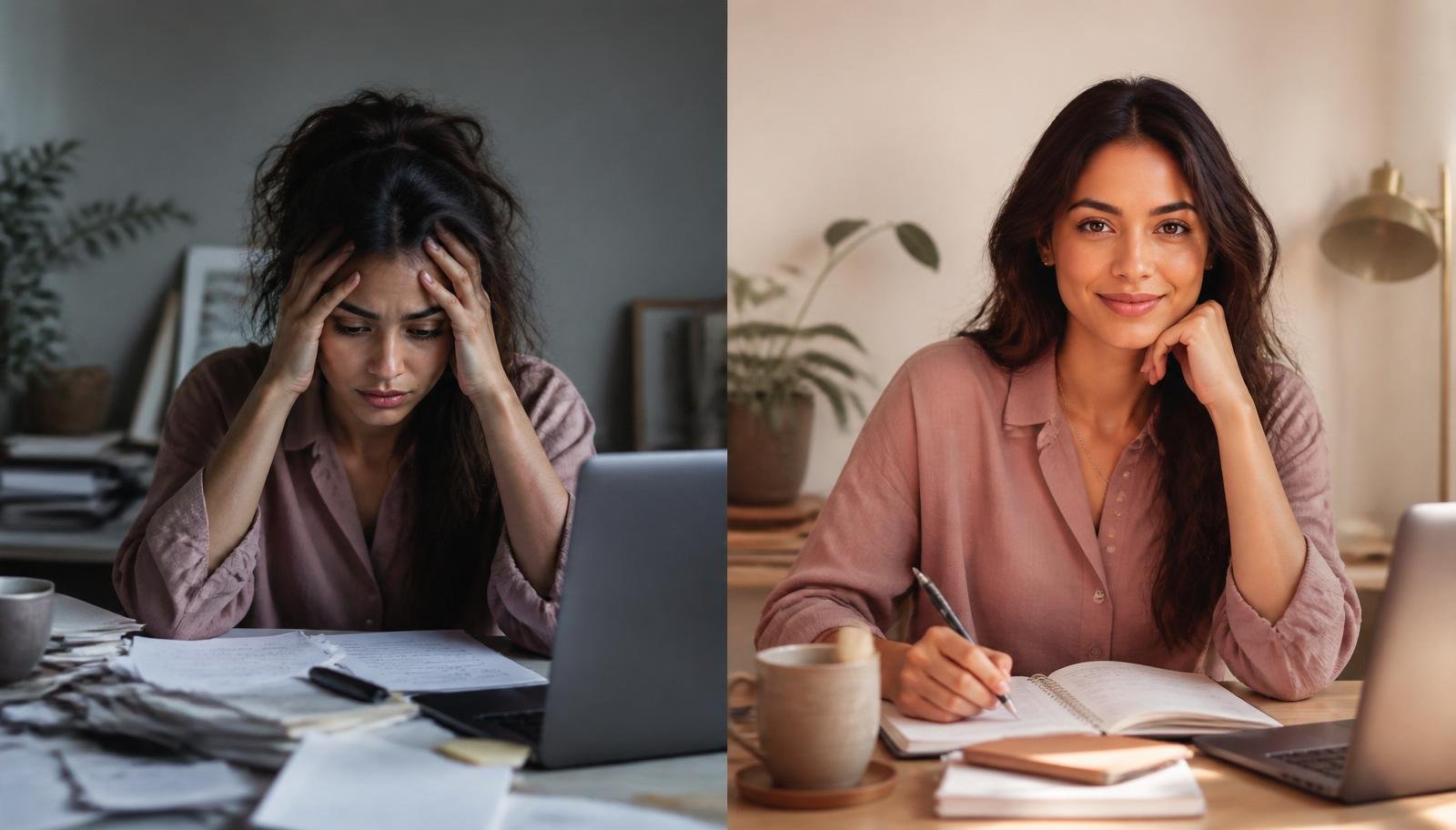 Antes: empreendedora exausta. Depois: calma e organizada.
